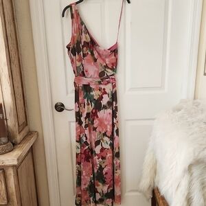 Nicole Miller Pink & Green One-Shoulder Floral Maxi Dress